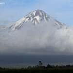 Le mont Taranaki sort de la brume